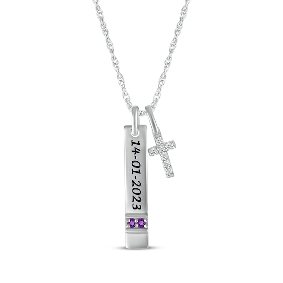 Amethyst & White Lab-Created Sapphire Vertical Bar & Cross Necklace Sterling Silver 18”