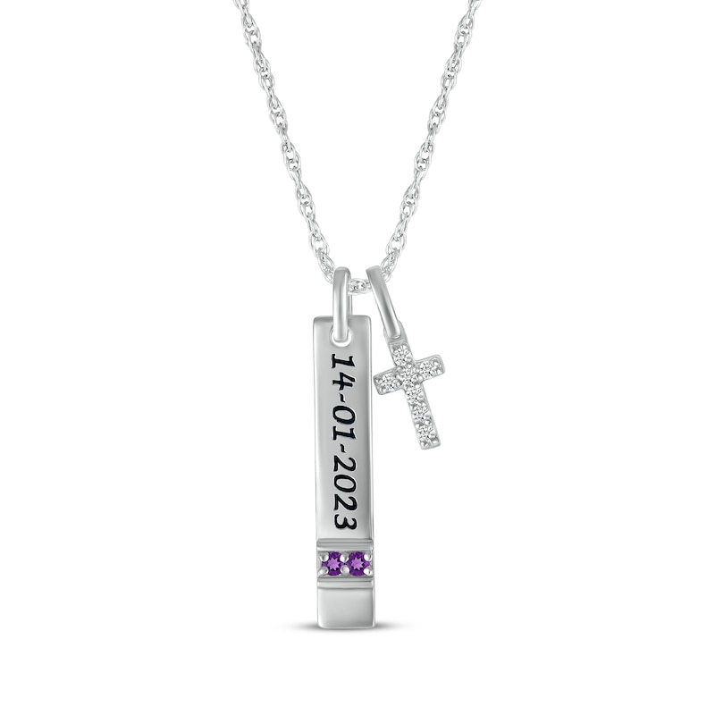 Main Image 1 of Amethyst & White Lab-Created Sapphire Vertical Bar & Cross Necklace Sterling Silver 18”