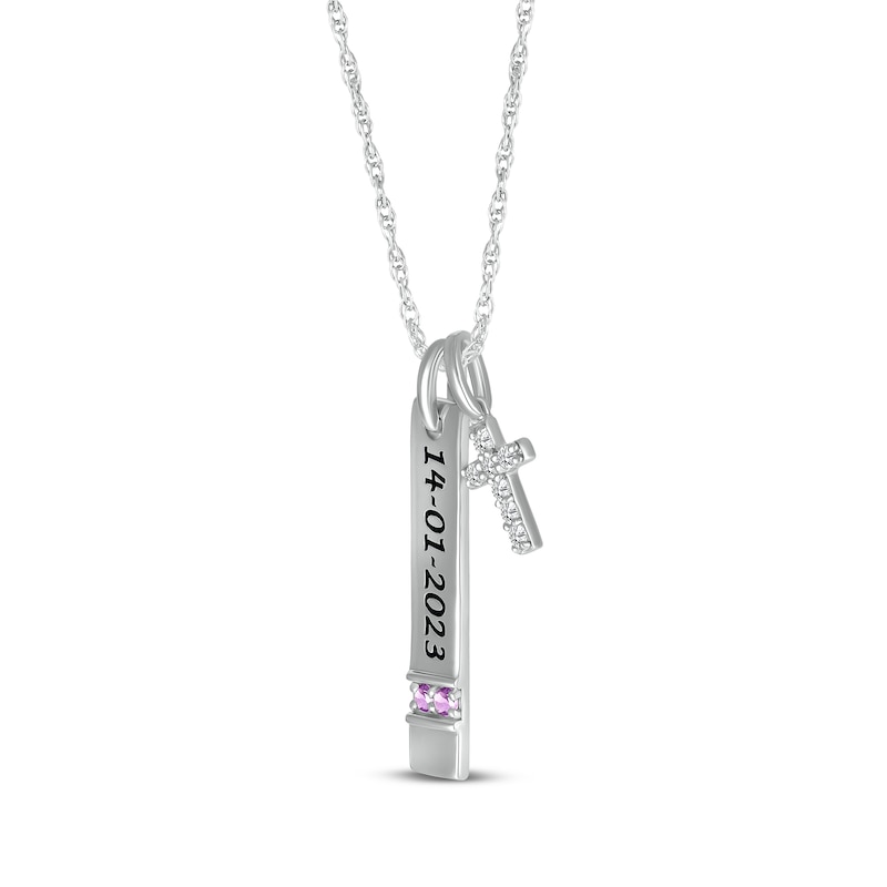 Main Image 2 of Amethyst & White Lab-Created Sapphire Vertical Bar & Cross Necklace Sterling Silver 18”