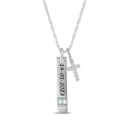 Aquamarine & White Lab-Created Sapphire Vertical Bar & Cross Necklace Sterling Silver 18”