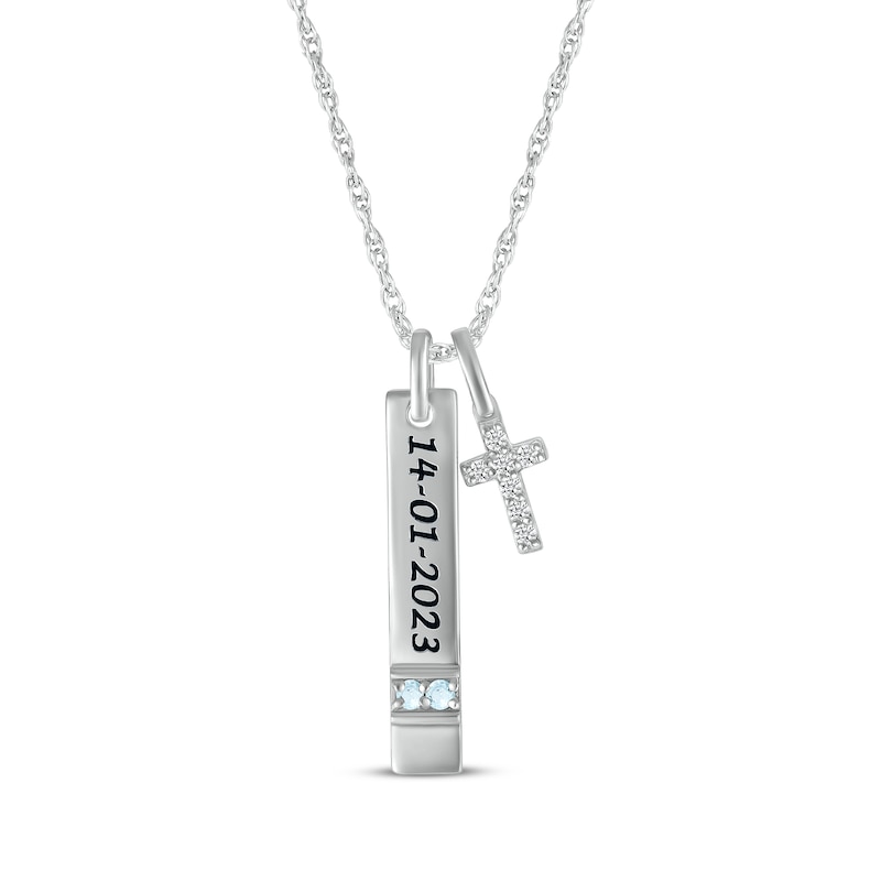 Main Image 1 of Aquamarine & White Lab-Created Sapphire Vertical Bar & Cross Necklace Sterling Silver 18”