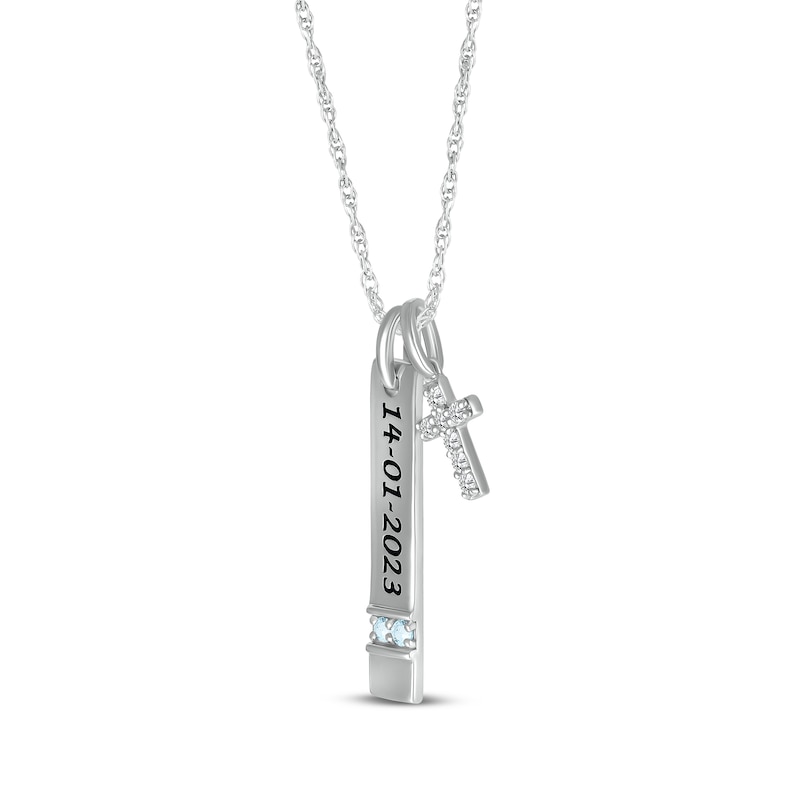 Main Image 2 of Aquamarine & White Lab-Created Sapphire Vertical Bar & Cross Necklace Sterling Silver 18”