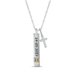 Citrine & White Lab-Created Sapphire Vertical Bar & Cross Necklace Sterling Silver 18”