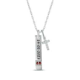 Garnet & White Lab-Created Sapphire Vertical Bar & Cross Necklace Sterling Silver 18”