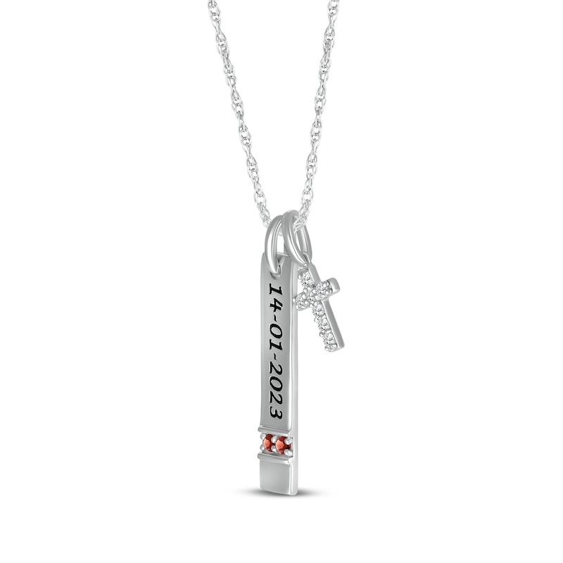 Main Image 2 of Garnet & White Lab-Created Sapphire Vertical Bar & Cross Necklace Sterling Silver 18”