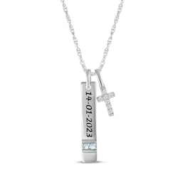 Lab-Created Opal & White Lab-Created Sapphire Vertical Bar & Cross Necklace Sterling Silver 18”