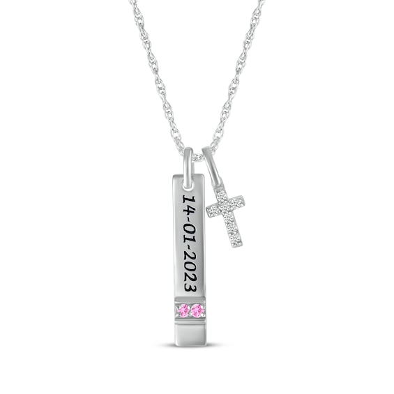 Pink Lab-Created Sapphire & White Lab-Created Sapphire Vertical Bar & Cross Necklace Sterling Silver 18”