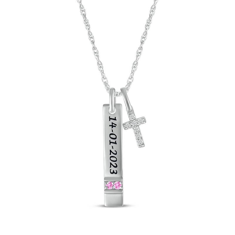 Main Image 1 of Pink Lab-Created Sapphire & White Lab-Created Sapphire Vertical Bar & Cross Necklace Sterling Silver 18”