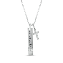 White Lab-Created Sapphire Vertical Bar & Cross Necklace Sterling Silver 18”