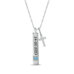 Blue Topaz & White Lab-Created Sapphire Vertical Bar & Cross Necklace Sterling Silver 18”