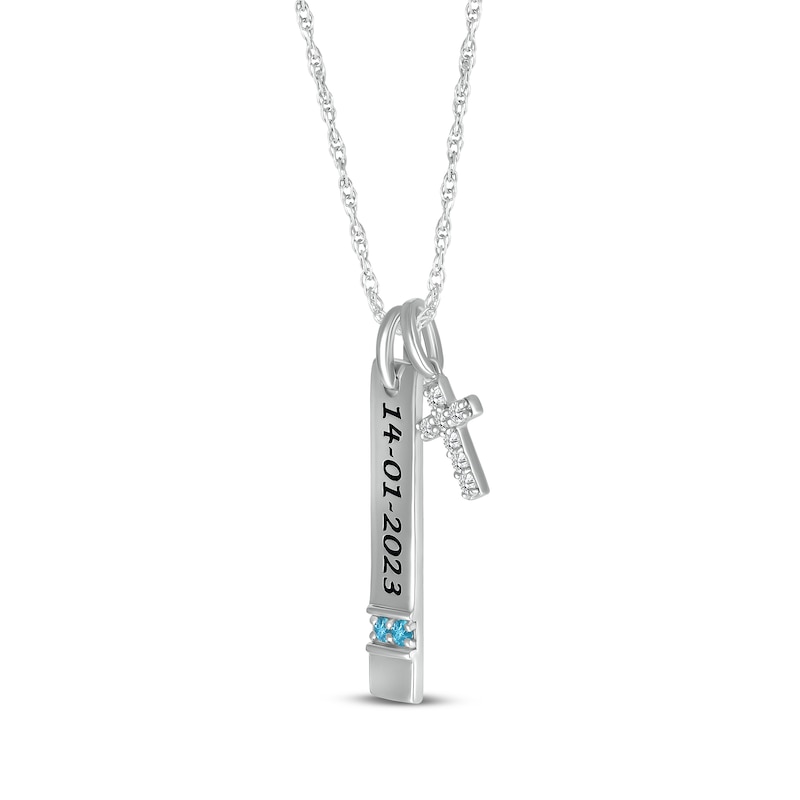 Blue Topaz & White Lab-Created Sapphire Vertical Bar & Cross Necklace Sterling Silver 18”