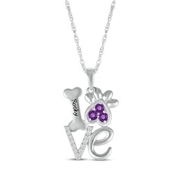 Amethyst & White Lab-Created Sapphire Love, Bone & Dog Paw Necklace Sterling Silver 18&quot;