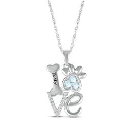 Aquamarine & White Lab-Created Sapphire Love, Bone & Dog Paw Necklace Sterling Silver 18&quot;