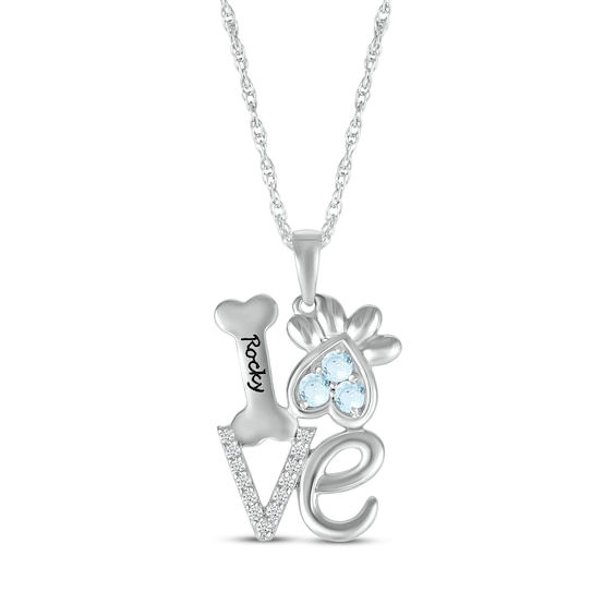 Aquamarine & White Lab-Created Sapphire Love, Bone & Dog Paw Necklace Sterling Silver 18"