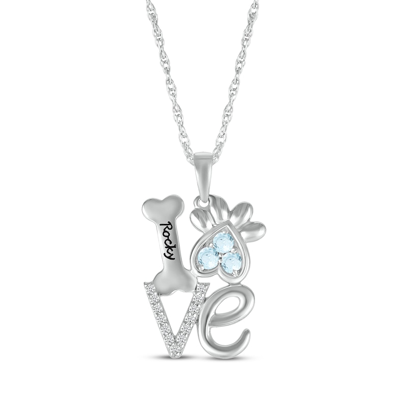 Main Image 1 of Aquamarine & White Lab-Created Sapphire Love, Bone & Dog Paw Necklace Sterling Silver 18&quot;