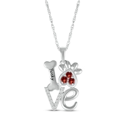 Garnet & White Lab-Created Sapphire Love, Bone & Dog Paw Necklace Sterling Silver 18&quot;