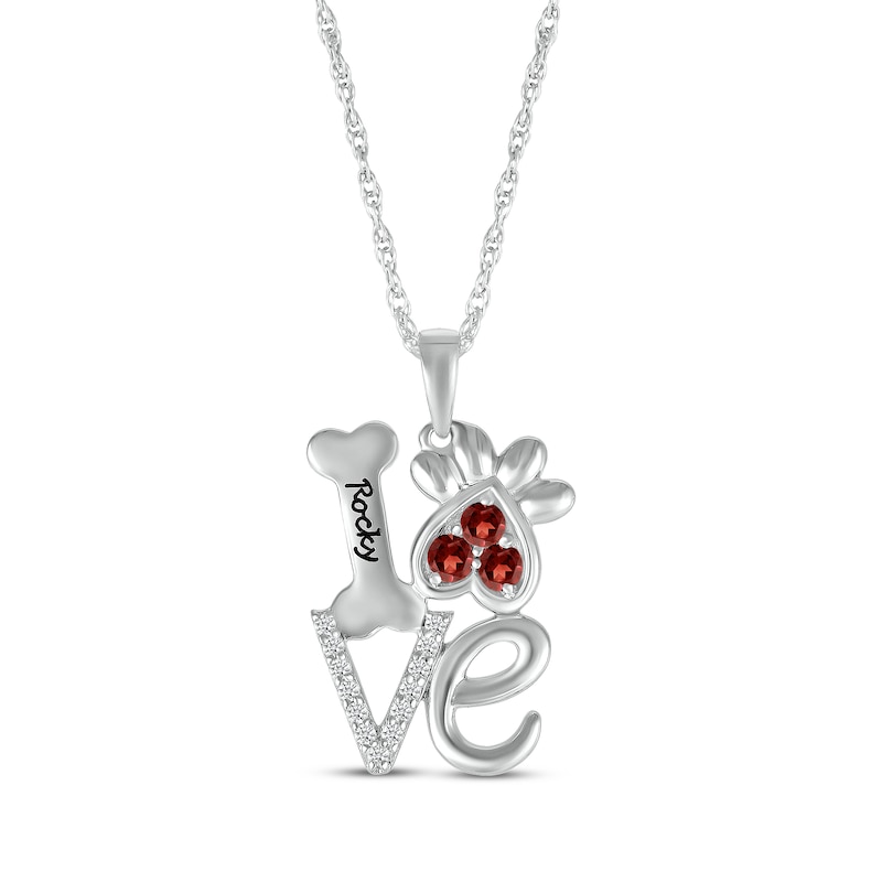 Main Image 1 of Garnet & White Lab-Created Sapphire Love, Bone & Dog Paw Necklace Sterling Silver 18&quot;