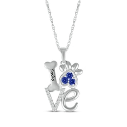 Blue Lab-Created Sapphire & White Lab-Created Sapphire Love, Bone & Dog Paw Necklace Sterling Silver 18&quot;