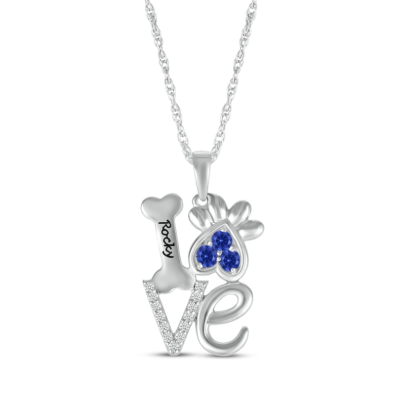 Main Image 1 of Blue Lab-Created Sapphire & White Lab-Created Sapphire Love, Bone & Dog Paw Necklace Sterling Silver 18&quot;