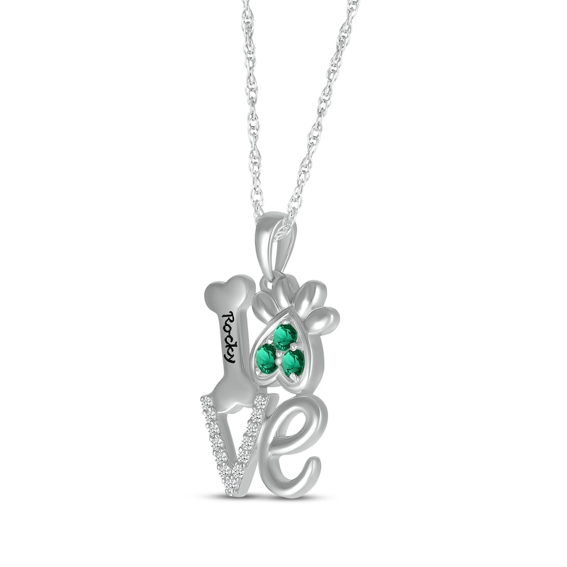 Lab-Created Emerald & White Lab-Created Sapphire Love, Bone & Dog Paw Necklace Sterling Silver 18"