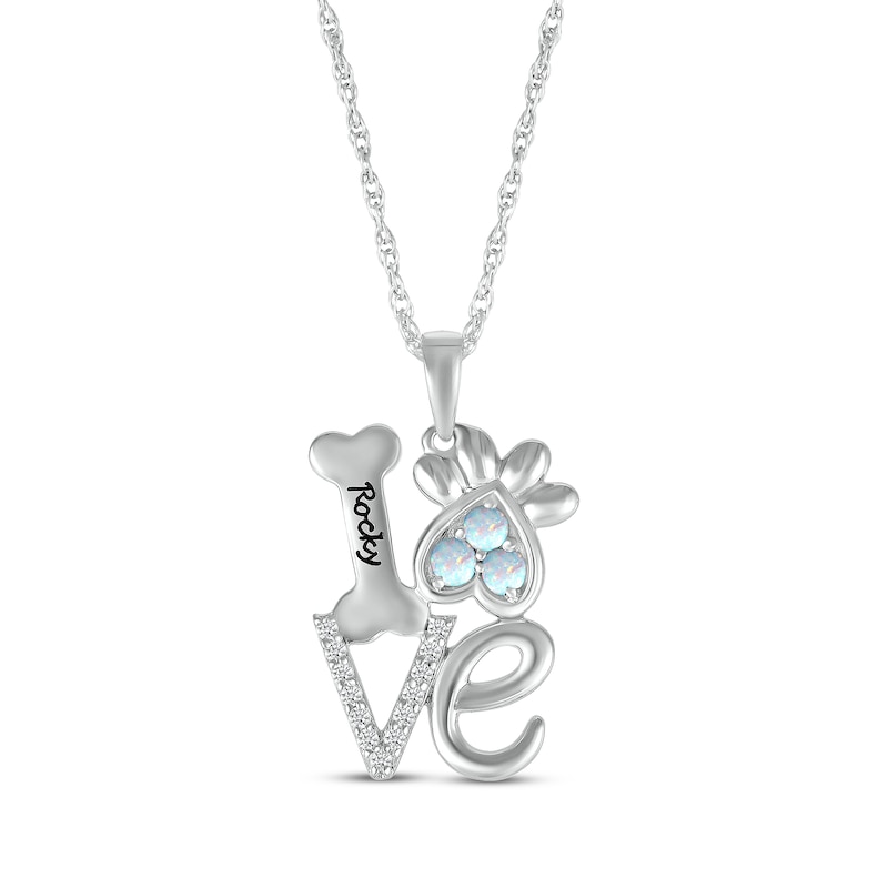 Main Image 1 of Lab-Created Opal & White Lab-Created Sapphire Love, Bone & Dog Paw Necklace Sterling Silver 18&quot;