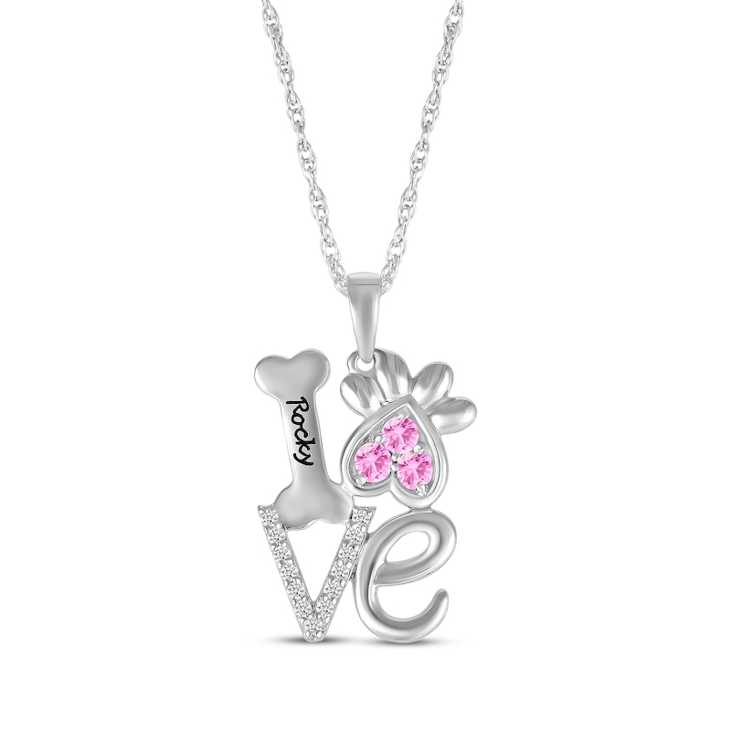 Main Image 1 of Pink Lab-Created Sapphire & White Lab-Created Sapphire Love, Bone & Dog Paw Necklace Sterling Silver 18&quot;