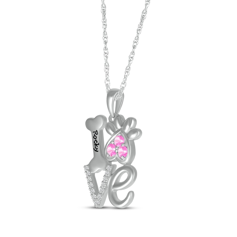 Main Image 2 of Pink Lab-Created Sapphire & White Lab-Created Sapphire Love, Bone & Dog Paw Necklace Sterling Silver 18&quot;