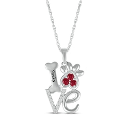 Lab-Created Ruby & White Lab-Created Sapphire Love, Bone & Dog Paw Necklace Sterling Silver 18&quot;