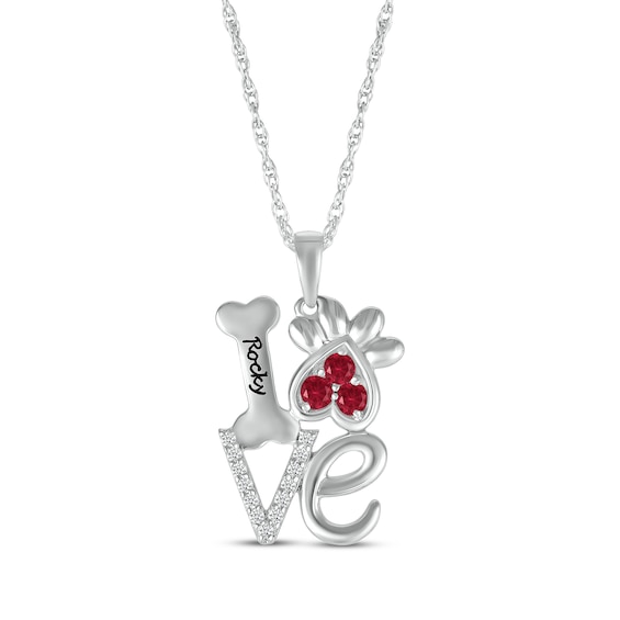 Lab-Created Ruby & White Lab-Created Sapphire Love, Bone & Dog Paw Necklace Sterling Silver 18"