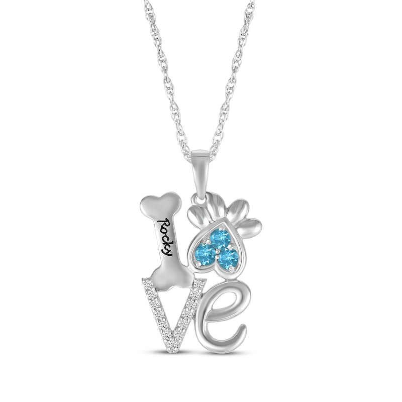 Main Image 1 of Blue Topaz & White Lab-Created Sapphire Love, Bone & Dog Paw Necklace Sterling Silver 18&quot;