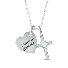 Aquamarine & White Lab-Created Sapphire Heart & Cross Necklace Sterling Silver 18&quot;