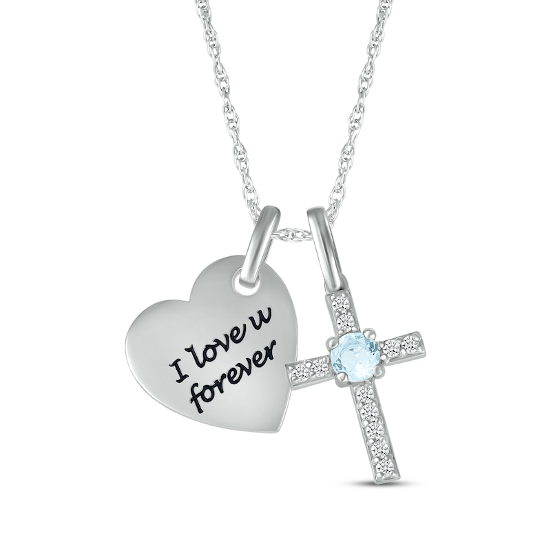 Main Image 1 of Aquamarine & White Lab-Created Sapphire Heart & Cross Necklace Sterling Silver 18&quot;