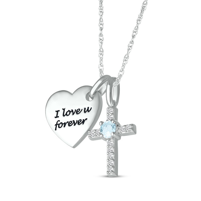 Main Image 2 of Aquamarine & White Lab-Created Sapphire Heart & Cross Necklace Sterling Silver 18&quot;