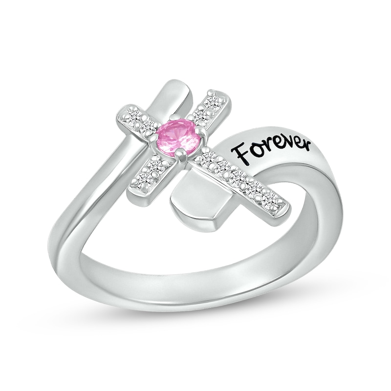 Main Image 1 of Pink Lab-Created Sapphire & White Lab-Created Sapphire Cross Ring Sterling Silver