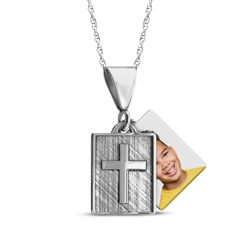 Main Image 1 of Square Photo & Cross Necklace 10K White Gold 18&quot;