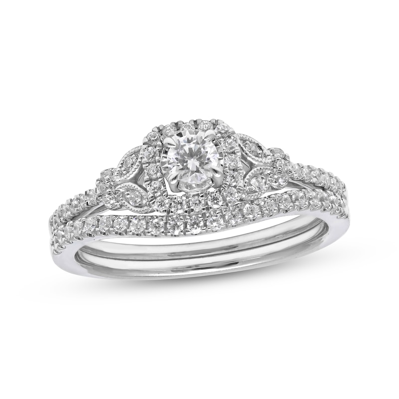 Main Image 1 of Round-Cut Diamond Cushion Halo Milgrain Bridal Set 3/8 ct tw 10K White Gold