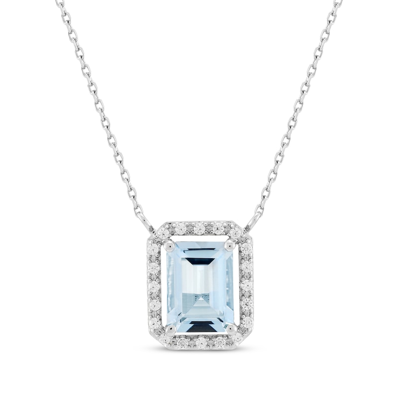 Main Image 1 of Emerald-Cut Aquamarine & Diamond Necklace 1/10 ct tw 10K White Gold 18&quot;