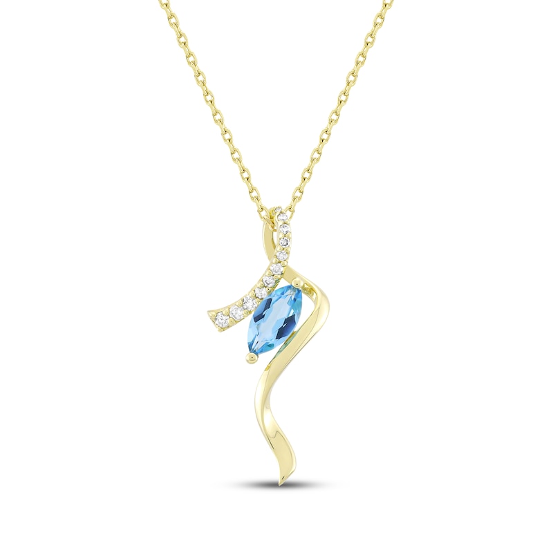 Main Image 1 of Marquise-Cut Swiss Blue Topaz & Diamond Swirl Necklace 1/10 ct tw 14K Yellow Gold 18&quot;