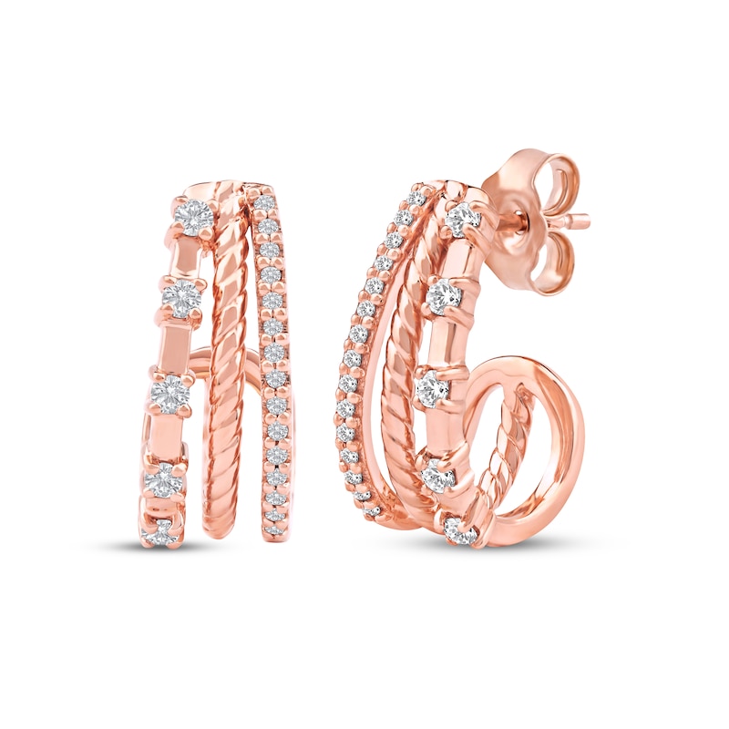 Main Image 1 of Diamond Three-Row Split J-Hoop Huggie Earrings 1/4 ct tw 10K Rose Gold