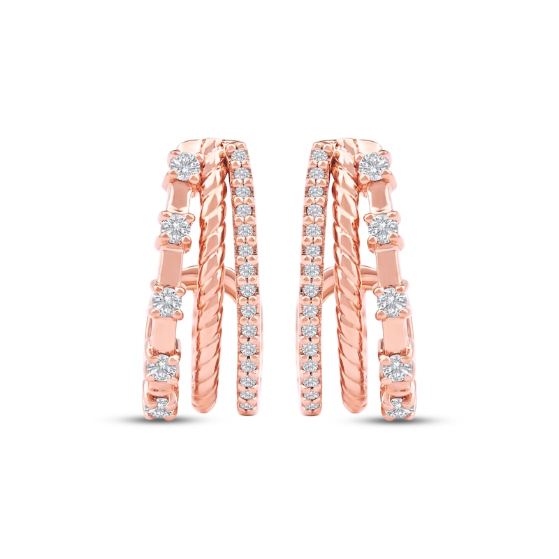 Main Image 2 of Diamond Three-Row Split J-Hoop Huggie Earrings 1/4 ct tw 10K Rose Gold