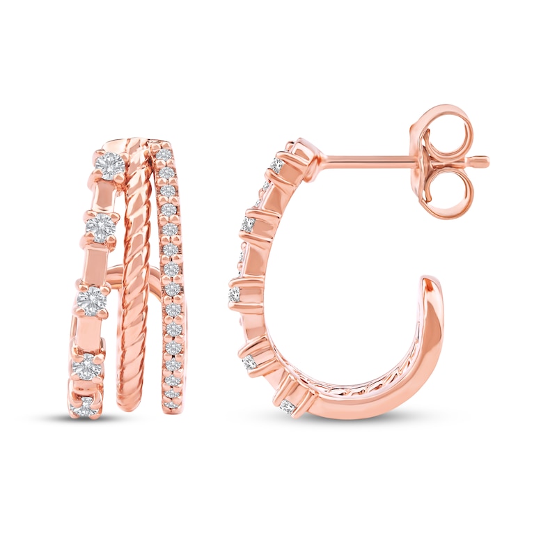 Main Image 3 of Diamond Three-Row Split J-Hoop Huggie Earrings 1/4 ct tw 10K Rose Gold