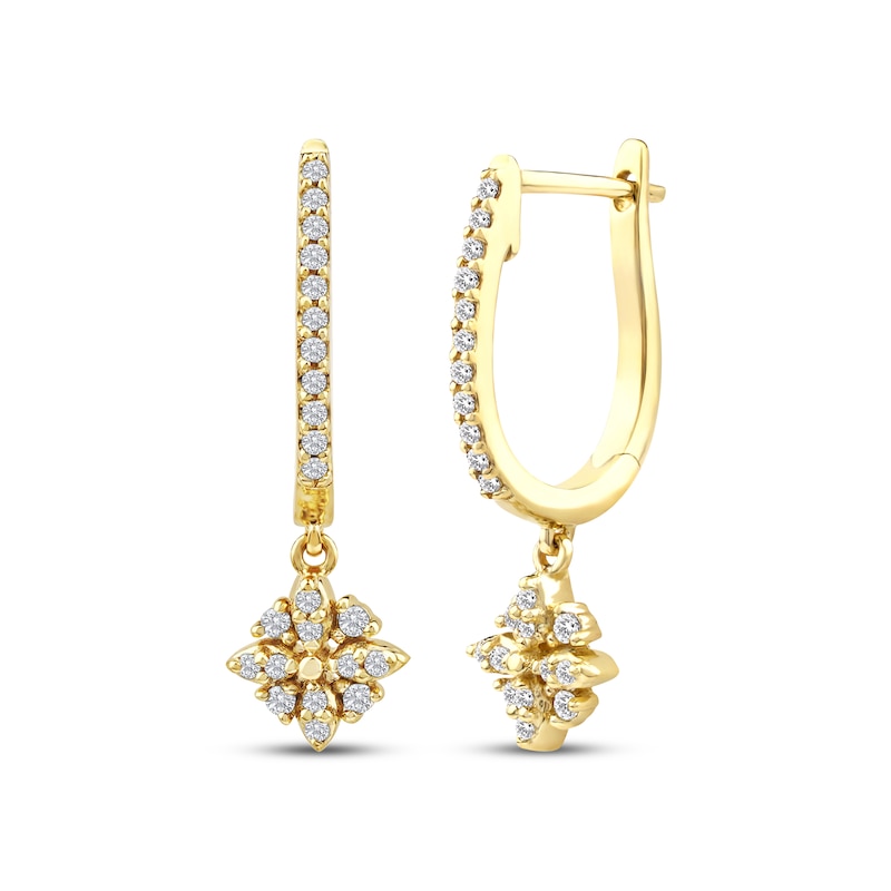 Main Image 1 of Diamond Flower Dangle Hoop Earrings 1/6 ct tw 10K Yellow Gold