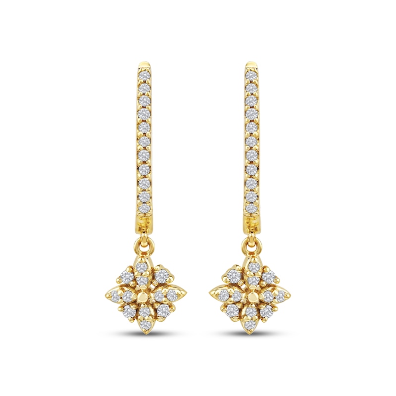 Main Image 2 of Diamond Flower Dangle Hoop Earrings 1/6 ct tw 10K Yellow Gold