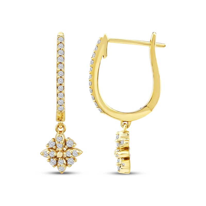 Main Image 3 of Diamond Flower Dangle Hoop Earrings 1/6 ct tw 10K Yellow Gold