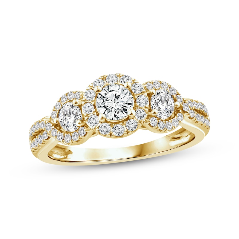 Main Image 1 of Memories Moments Magic Round-Cut Diamond Three-Stone Engagement Ring 1 ct tw 14K Yellow Gold