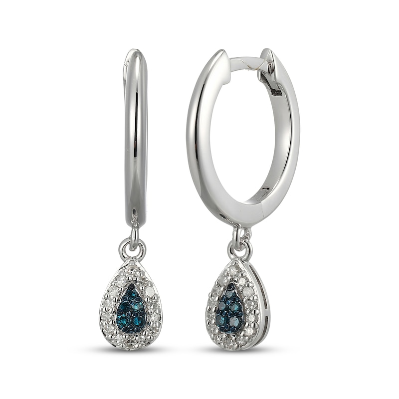 Main Image 1 of Blue & White Multi-Diamond Teardrop Dangle Hoop Earrings 1/8 ct tw Sterling Silver