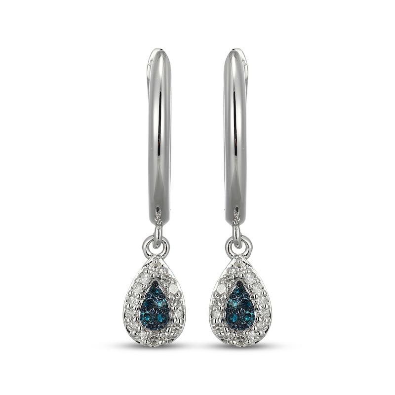 Main Image 2 of Blue & White Multi-Diamond Teardrop Dangle Hoop Earrings 1/8 ct tw Sterling Silver