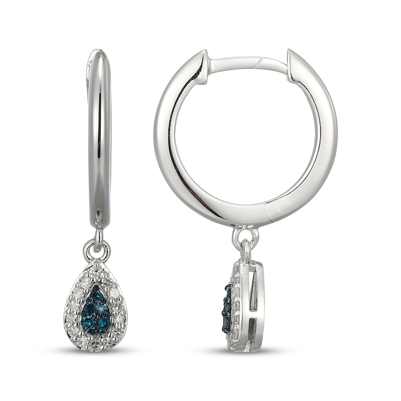 Main Image 3 of Blue & White Multi-Diamond Teardrop Dangle Hoop Earrings 1/8 ct tw Sterling Silver