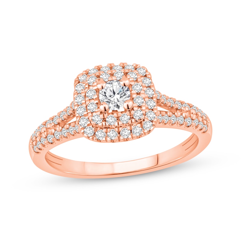 Main Image 1 of Round-Cut Diamond Double Halo Engagement Ring 1/2 ct tw 10K Rose Gold