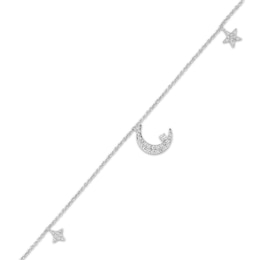 Diamond Crescent Moon & Stars Dangle Anklet 1/8 ct tw Sterling Silver 9&quot;